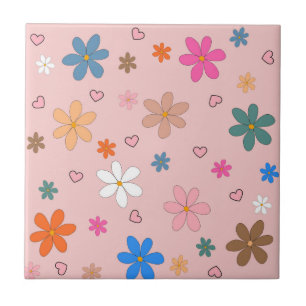 Preppy Pink Colourful Flower Heart Y2K Pattern Tile
