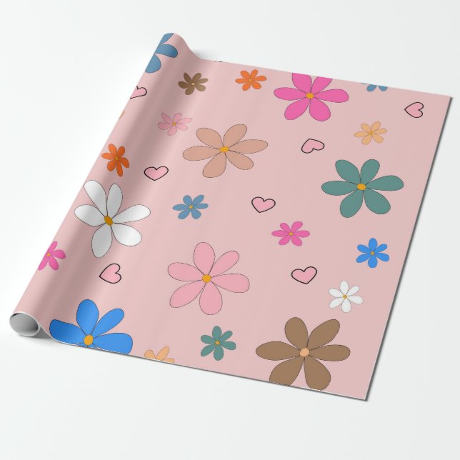 Preppy Pink Colourful Flower Heart Y2K Pattern Wrapping Paper (Unrolled)