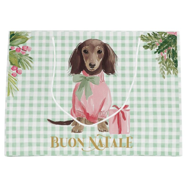 Preppy Pink Dachshund & Green Gingham Buon Natale Large Gift Bag (Front)
