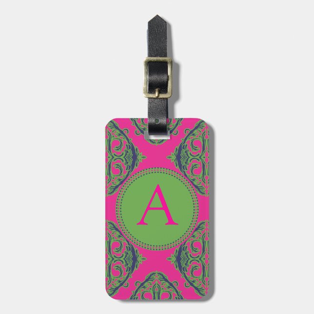 Preppy Pink Damask Luggage Tag (Front Vertical)