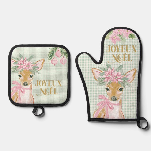 Preppy Pink Deer & Green Gingham Joyeux Noël Oven Mitt & Pot Holder Set (Front)