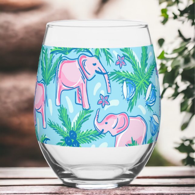 Preppy Pink Elephant Palm Tree  Stemless Wine Glass (Creator Uploaded)