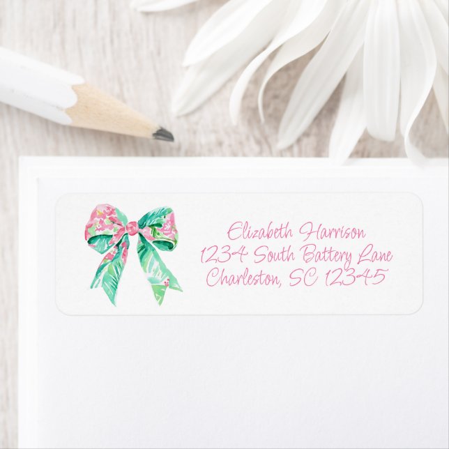Preppy Pink et Aqua Floral Bow Adresse de retour (En situation)