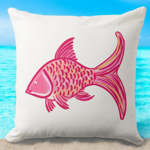 Preppy Pink Fish Coastal Throw Pillow