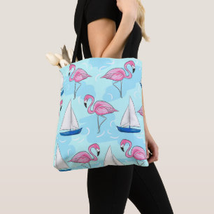 Preppy Pink Flamingo Blue Sailboat Tote Bag