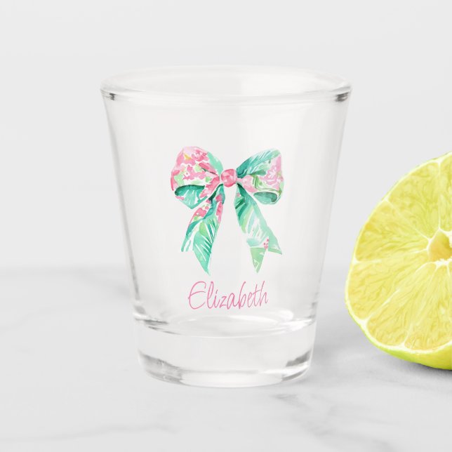 Preppy Pink Floral Bow Personalized Shot Glass (Front)