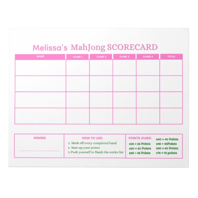 Preppy Pink Game Scorecard Custom Tracker Mahjong Notepad (Front)