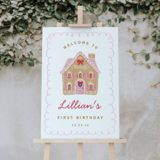 Preppy Pink Gingerbread House Birthday Welcome Poster
