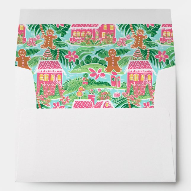 Preppy Pink Gingerbread Village Christmas Envelope (Back (Bottom))