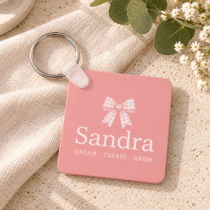 Preppy Pink Gingham Bow Name Quote Keychain