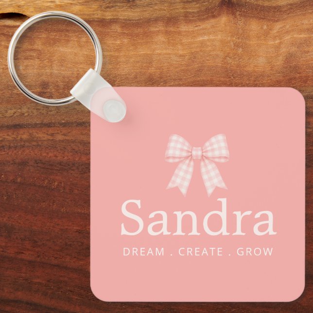 Preppy Pink Gingham Bow Name Quote Keychain (Front)