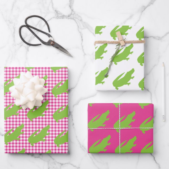 Preppy Pink Gingham Green Alligator Colourful Fun Wrapping Paper Sheet (Front)