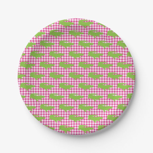 Preppy Pink Gingham Green Alligator Southern Fun Paper Plate (Front)