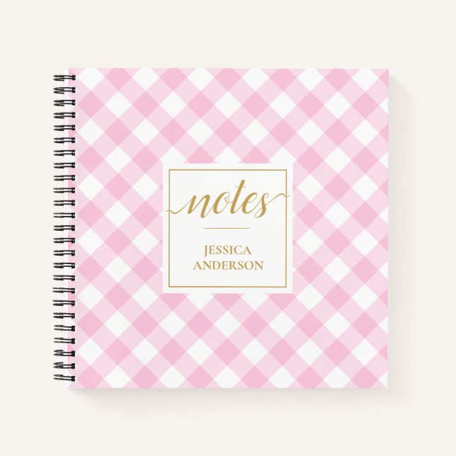 Preppy Pink Gingham Pattern Name Notebook (Front)