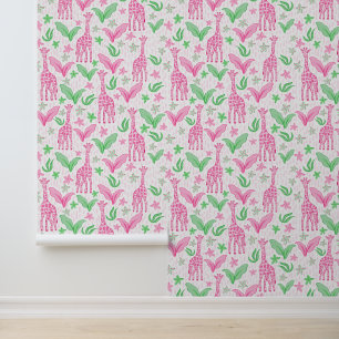 Preppy Pink Giraffes Jungle Flowers  Wallpaper