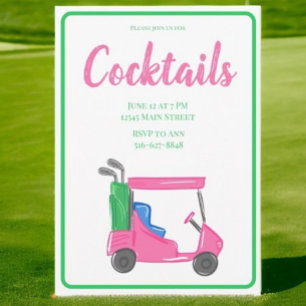 Preppy Pink Golf Cart Cocktail Party Stylish Golf Invitation