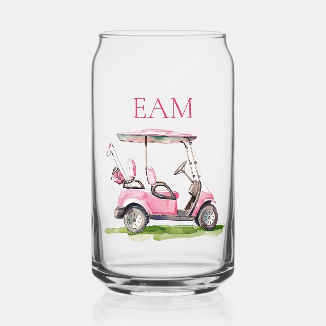 Preppy Pink Golf Cart Monogram Can Glass (Front)