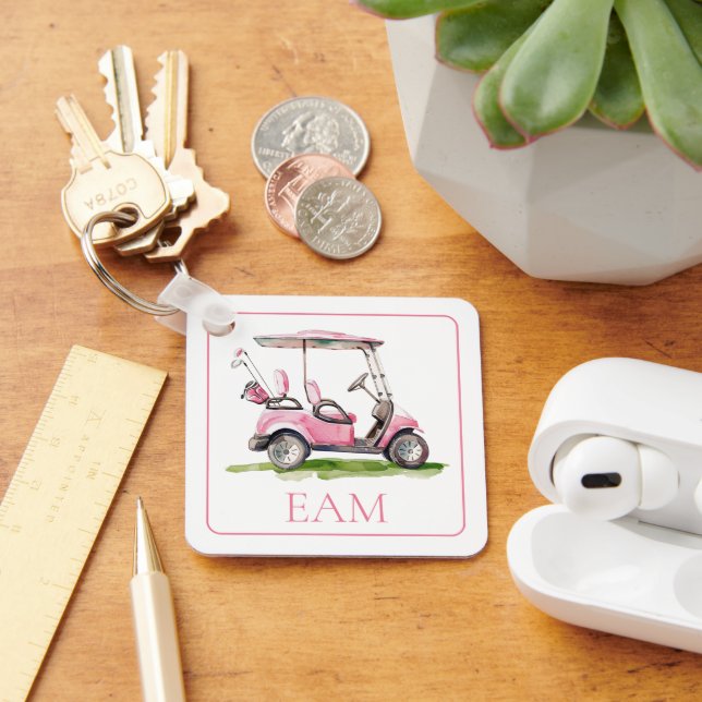 Preppy Pink Golf Cart Monogram Keychain (Desk)