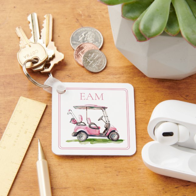 Preppy Pink Golf Cart Monogram Keychain (Desk)
