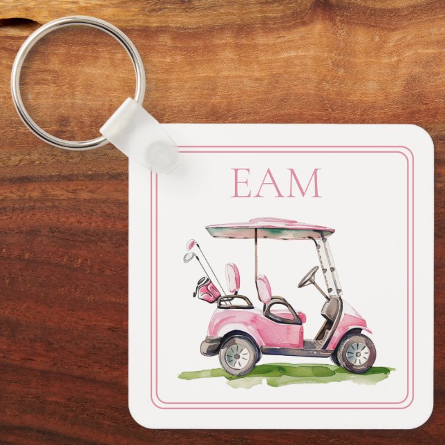 Preppy Pink Golf Cart Monogram Keychain (Front)