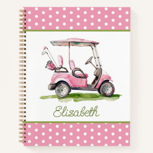 Preppy Pink Golf Cart on Polka Dots Personalized Notebook