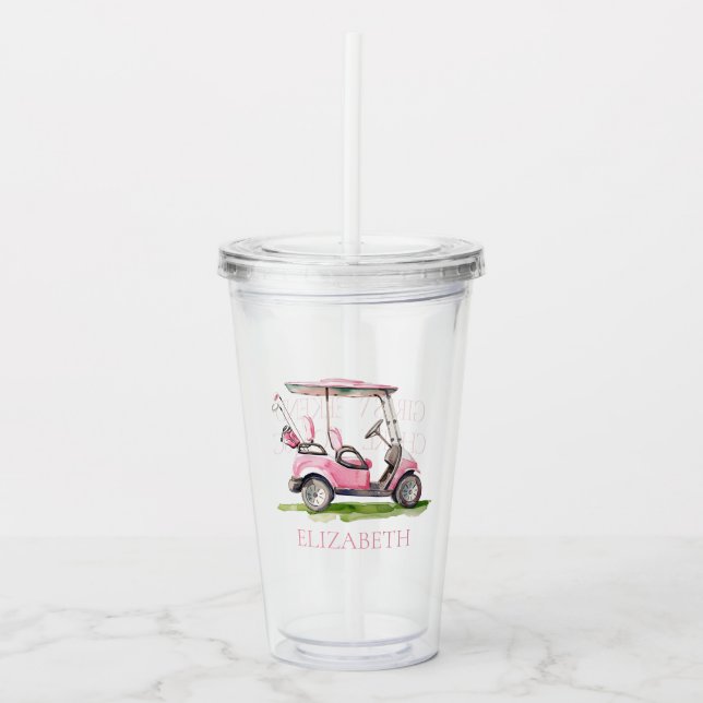 Preppy Pink Golf Cart Personalized Acrylic Tumbler (Front)