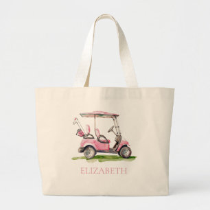 Preppy Pink Golf Cart Personalized Large Tote Bag
