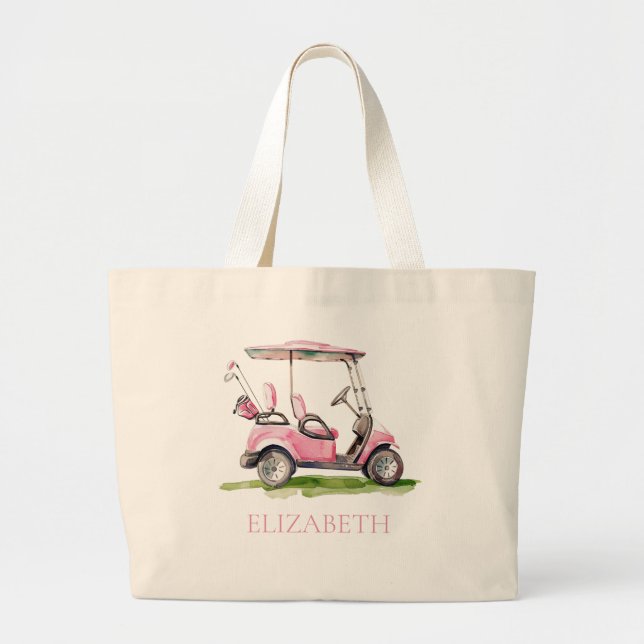 Preppy Pink Golf Cart Personalized Large Tote Bag (Front)