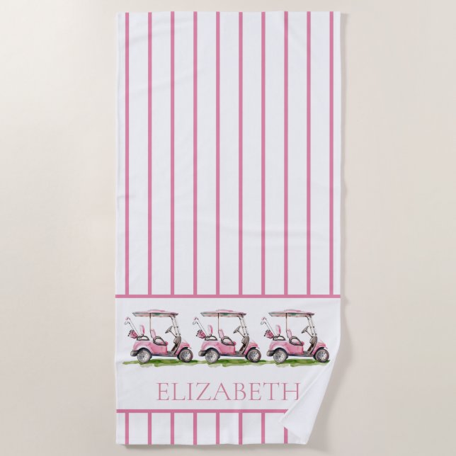 Preppy Pink Golf Carts Personalized Beach Towel (Front)