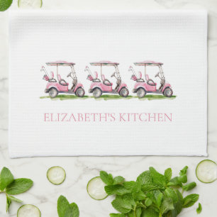 Preppy Pink Golf Carts Personalized Kitchen Towel