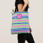 Preppy Pink Green and navy Blue Stripes Monogram Tote Bag<br><div class="desc">This cute monogrammed tote bag features preppy stripes in bright shades of pink,  green and navy blue.  Personalize the monogram with your choice of initial.</div>