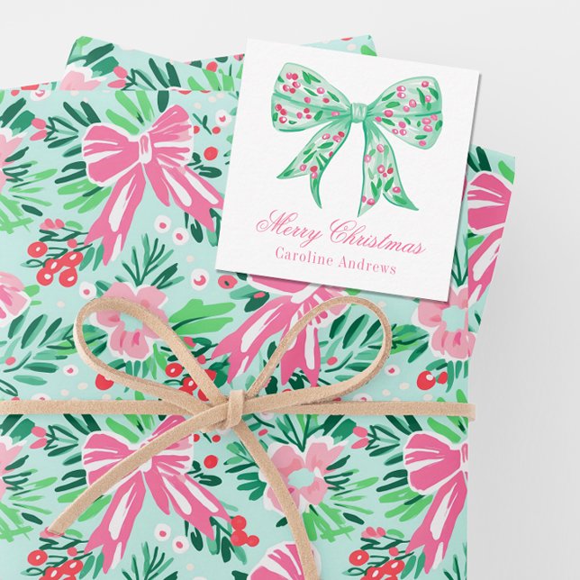Preppy Pink & Green Christmas Bow Gift Enclosure Card (Creator Uploaded)