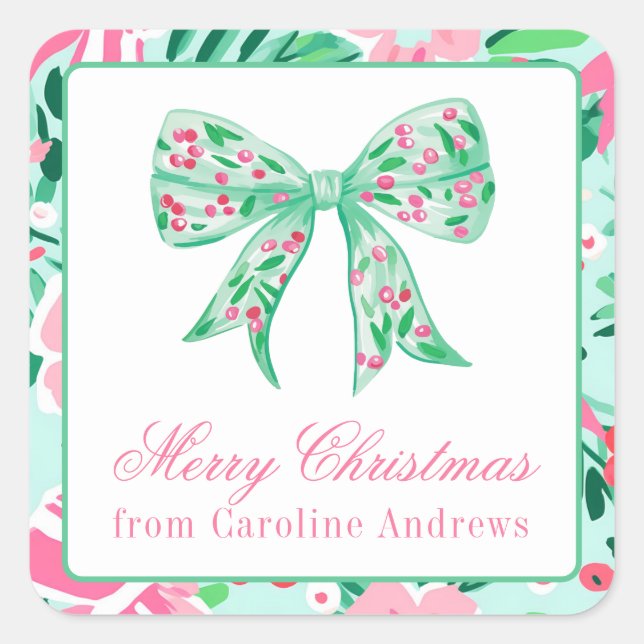 Preppy Pink & Green Christmas Bow Gift Square Sticker (Front)