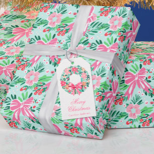 Preppy Pink & Green Christmas Bow Wreath Gift Tags