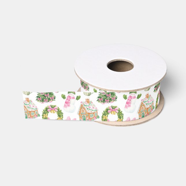 Preppy Pink & Green Christmas Grosgrain Ribbon (Spool)