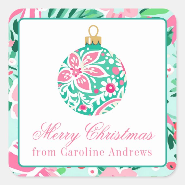 Preppy Pink & Green Christmas Ornament Gift Square Sticker (Front)