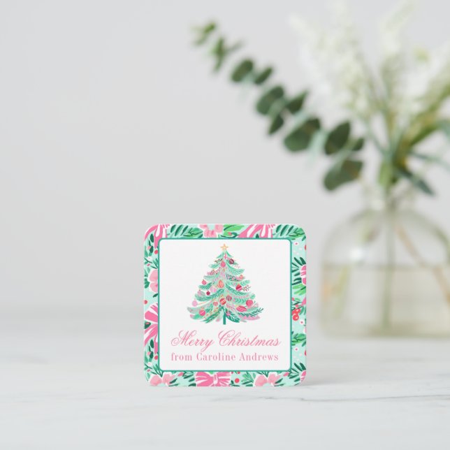Preppy Pink & Green Christmas Tree Gift Enclosure Card (Standing Front)