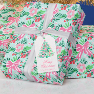 Preppy Pink & Green Christmas Tree Gift Tags