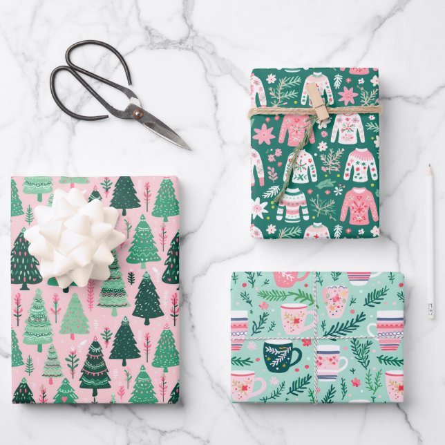 Preppy Pink & Green Christmas Tree Mug & Sweater Wrapping Paper Sheet (Front)