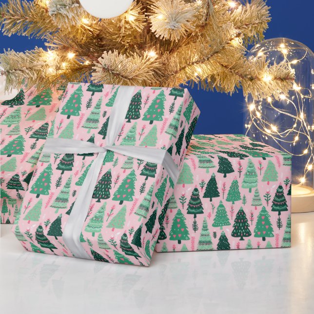 Preppy Pink & Green Christmas Trees Wrapping Paper (Holidays)