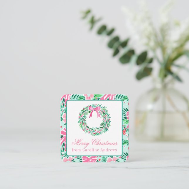 Preppy Pink & Green Christmas Wreath Enclosure Card (Standing Front)