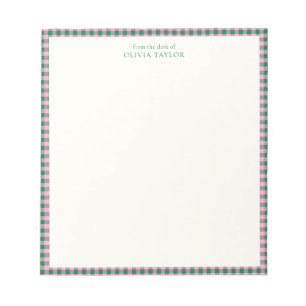 Preppy Pink Green Gingham Plaid Personalized Name Notepad