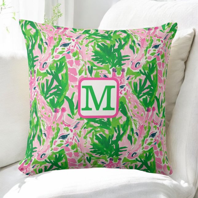 Preppy Pink Green Giraffe Pattern Monogram Throw Pillow (Creator Uploaded)