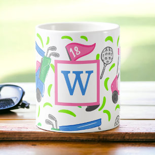 Preppy Pink Green Golf Cart Personalized Monogram Coffee Mug