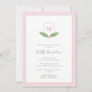 Preppy Pink Green Monogram Cane Baby Girl Shower Invitation