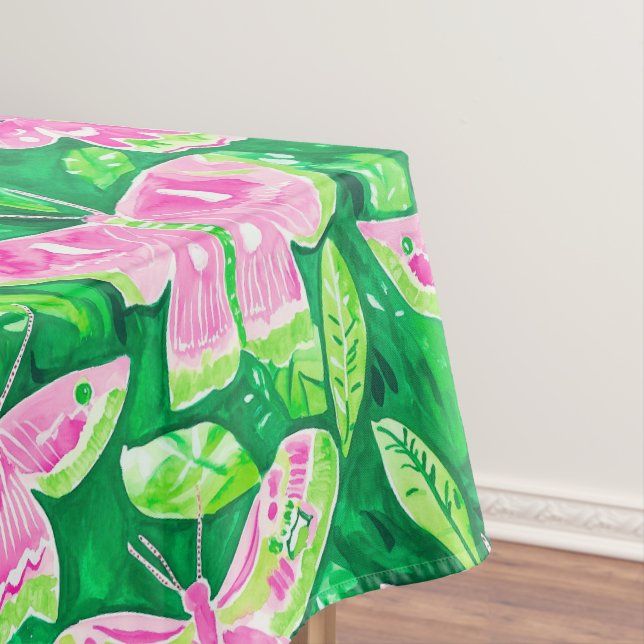 Preppy Pink & Green Moth Spring Summer Tablecloth (In Situ)