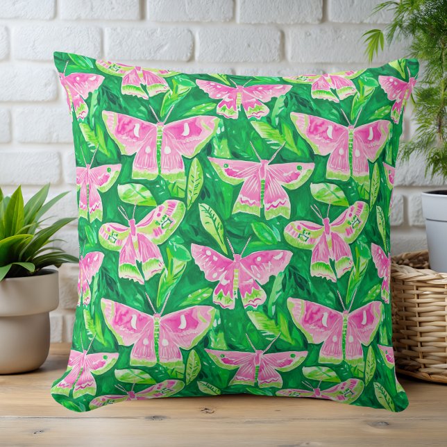 Preppy Pink & Green Moth Spring Summer Throw Pillow (Creator Uploaded)