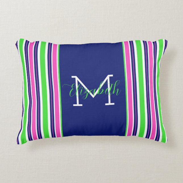Preppy Pink Green Navy Blue Stripe Monogram Accent Pillow (Front)