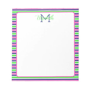 Preppy Pink Green Navy Blue Stripe Monogram Notepad