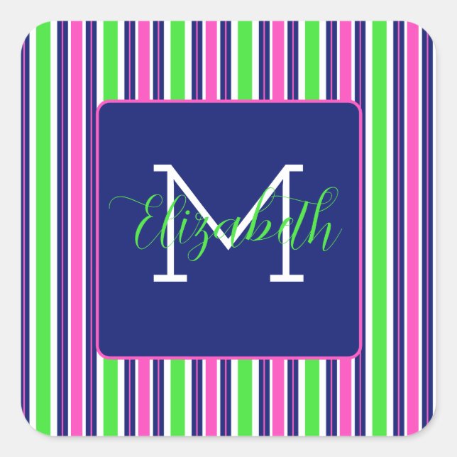 Preppy Pink Green Navy Blue Stripe Monogram Square Sticker (Front)